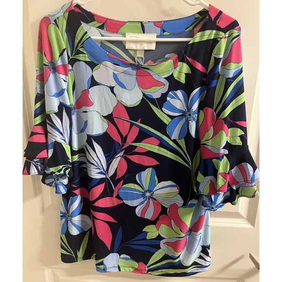 NWT Cappagallo Double Ruffle Bright navy multicolor Top Size Medium Floral Shirt - Picture 4 of 5